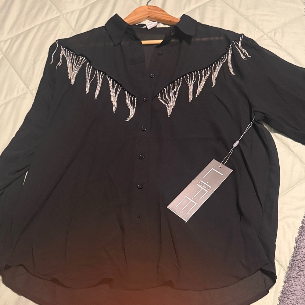 Black Button-Up Shirt with Silver Fringe